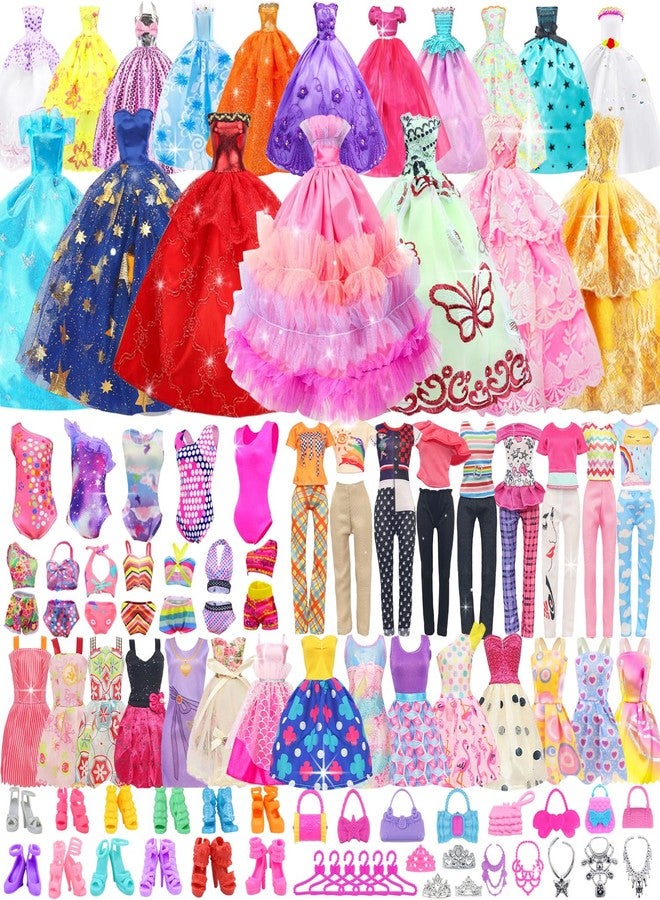 UNICORN ELEMENT 100 Pcs Doll Clothes and Accessories - 5 Wedding Gowns 10 Slip Dresses 2 Fashion Dresses 2 Tops 2 Pants 2 Bikini Swimsuits 10 Shoes and Accessories for 11.5 inch Dolls,Doll Dress up Toys for Girl Gift - Image 2